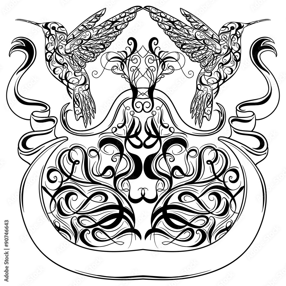 Vintage tattoo art design with hummingbird, decorative calligraphy elements and ribbon banner. Victorian motif. Retro invitation,card, print, t-shirt, postcard, poster.Vector illustration