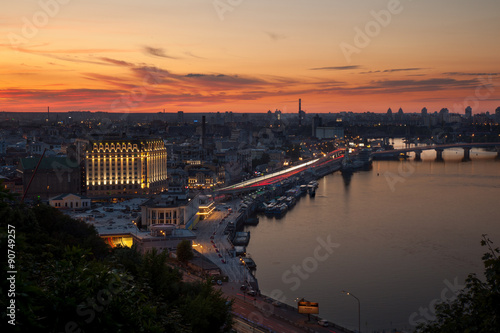 City sunset on Dnipro river.