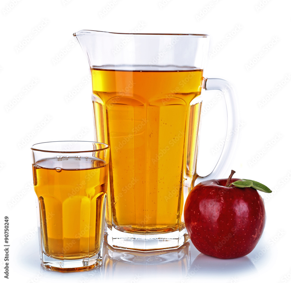 Full jug and glass of apple juice with fruit isolated on white Full jug and glass of apple juice with fruit isolated on white