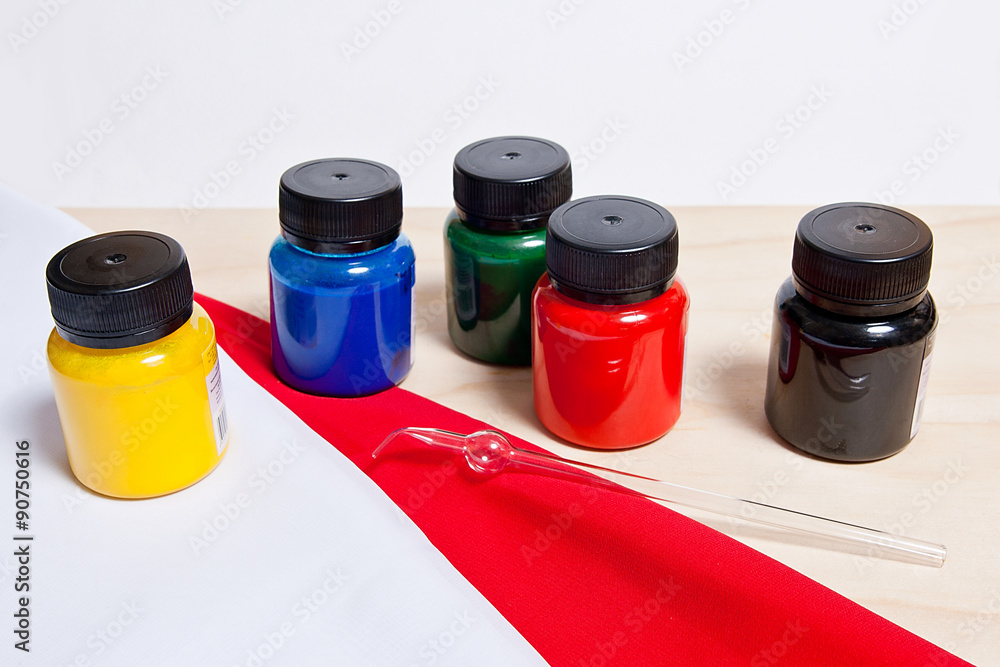 Batik equipment: artist paints and glass tube. Batik equipment: artist paints and glass tube.