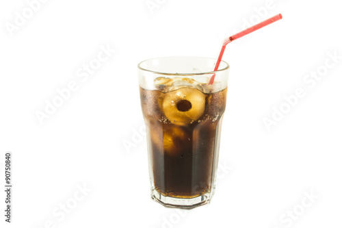 Glass of cola red straw with roll ice isolate white background