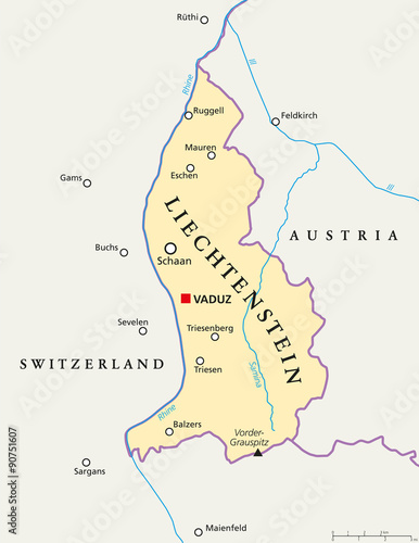 Liechtenstein political map with capital Vaduz, national borders, important cities and rivers. English labeling and scaling. Illustration.