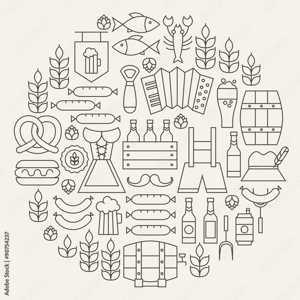 Fototapeta premium Oktoberfest Beer Holiday Line Icons Set Circular Shaped
