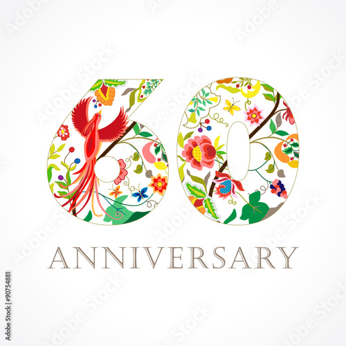 60 anniversary folk logo. Template logo 60th anniversary in folk style with bird.