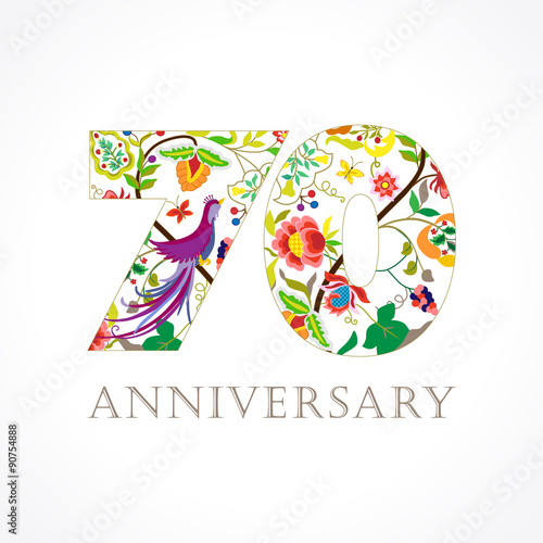 70 anniversary folk logo. Template logo 70th anniversary in folk style with bird.