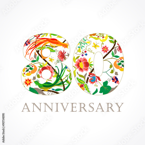 80 anniversary folk logo. Template logo 80th anniversary in folk style with bird.