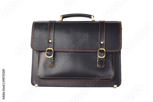 Black leather briefcase isolated on white background