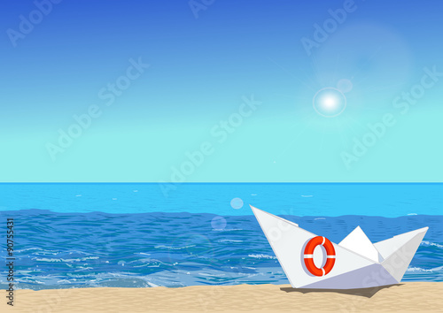 Paper boat on beach, with rescue circle, vector illustration