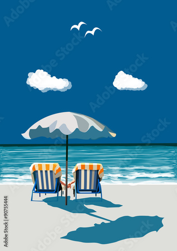 Couple sitting on deck chairs on the beach under umbrella, holding hands, on vacation, vector illustration