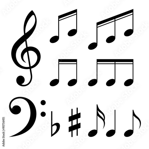 Set of music notes vector. Black and white silhouettes