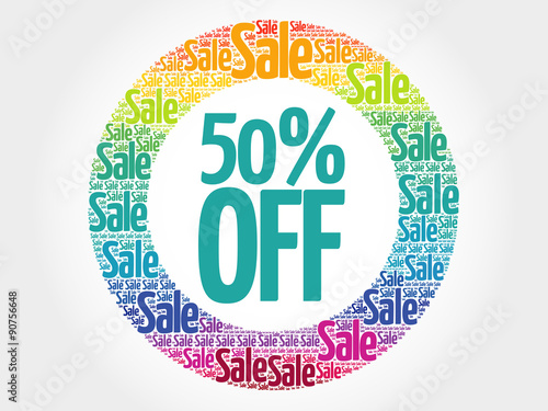 50% OFF stamp vector words cloud, business concept background