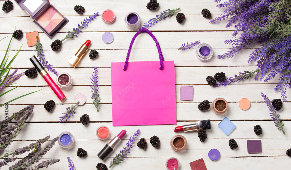 Pink bag and cosmetics