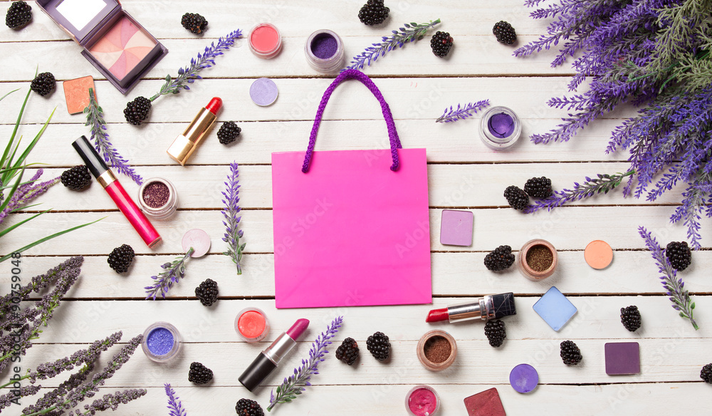 Pink bag and cosmetics Pink bag and cosmetics