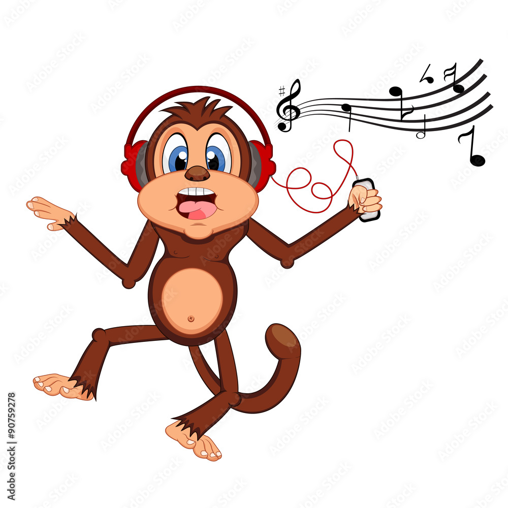 Monkey dance while listening to music with a headset cartoon Stock ...