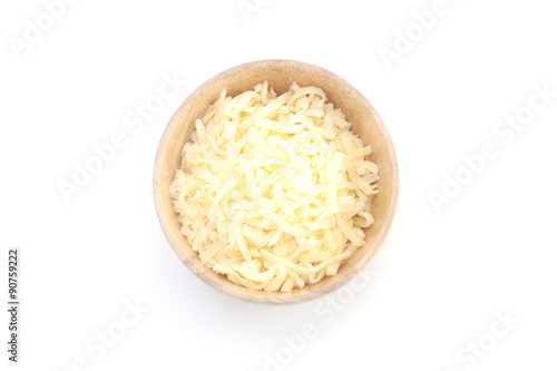 cheese in wood bowl isolated on white