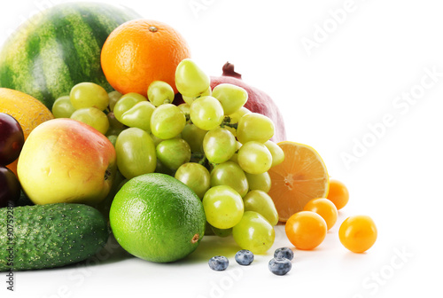 Fresh vegetables and fruits  isolated on white