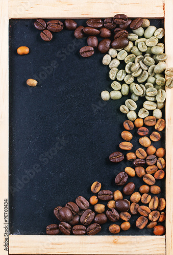 Green, brown and black coffee on chalckboard photo