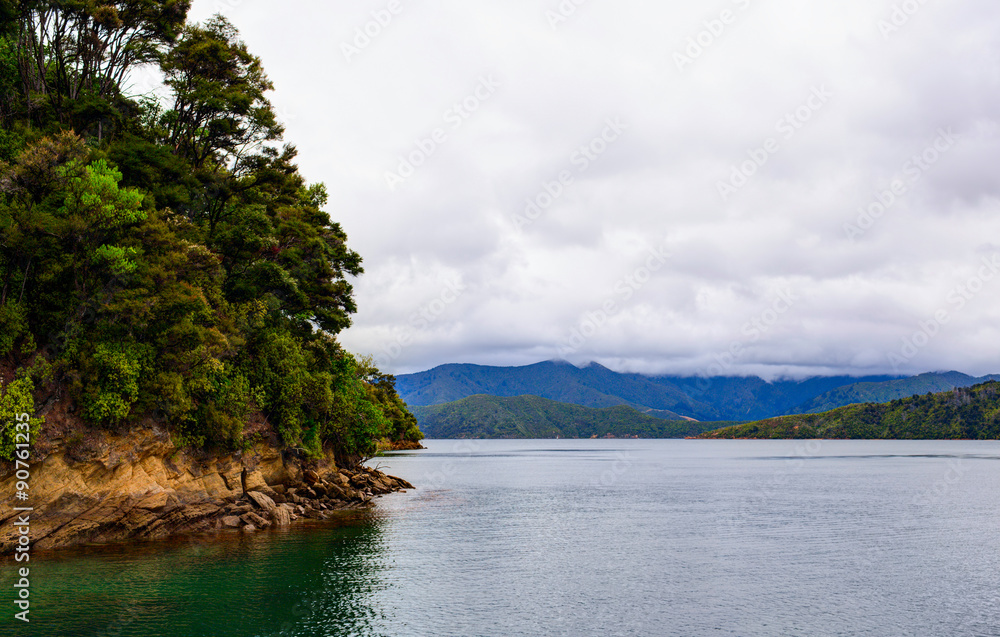 Uninhabitable island in Queen Charlotte Sound bay. New Zealand