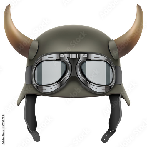 German Army helmet with horns and protective goggles. photo