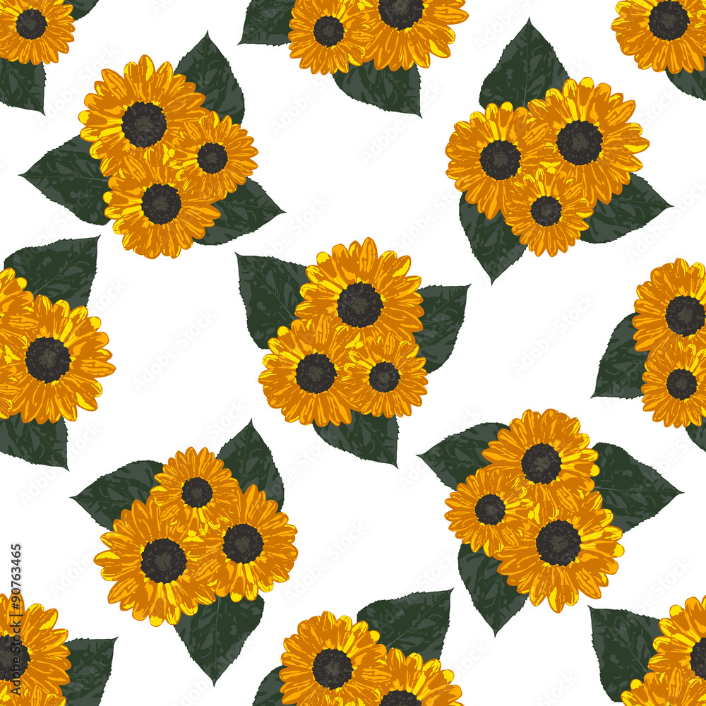 Seamless background with yellow sunflowers and leaves. Vector illustration. Seamless background with yellow sunflowers and leaves. Vector illustration.