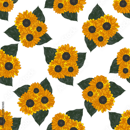 Seamless background with yellow sunflowers and leaves. Vector illustration. © klerik78