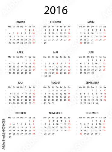 Jahreskalender 2016 schlicht