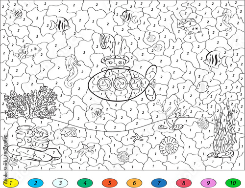 Color by number educational game for kids. Yellow submarine in t