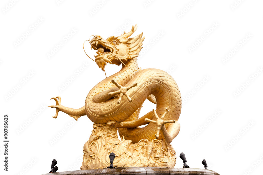 Chinese golden gragon statue isolated on white background.
