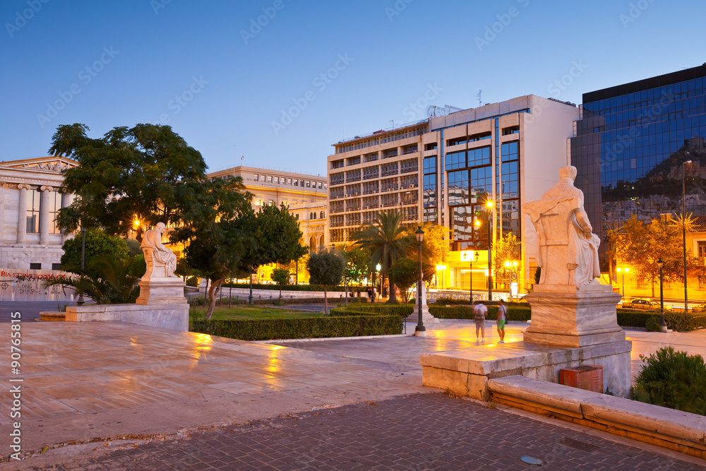 Square in front of the National & Kapodistrian University of Athens  in Panepistimio late in the evening