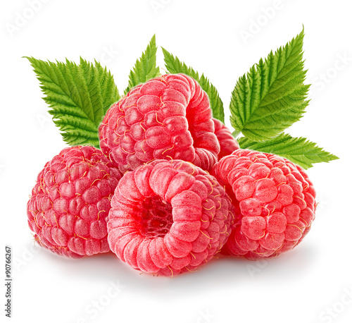 Obraz na plátně Ripe raspberries with leaves close-up isolated on a white background