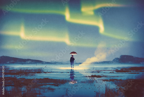 Northern lights Aurora borealis over man holding umbrella lights illustration painting