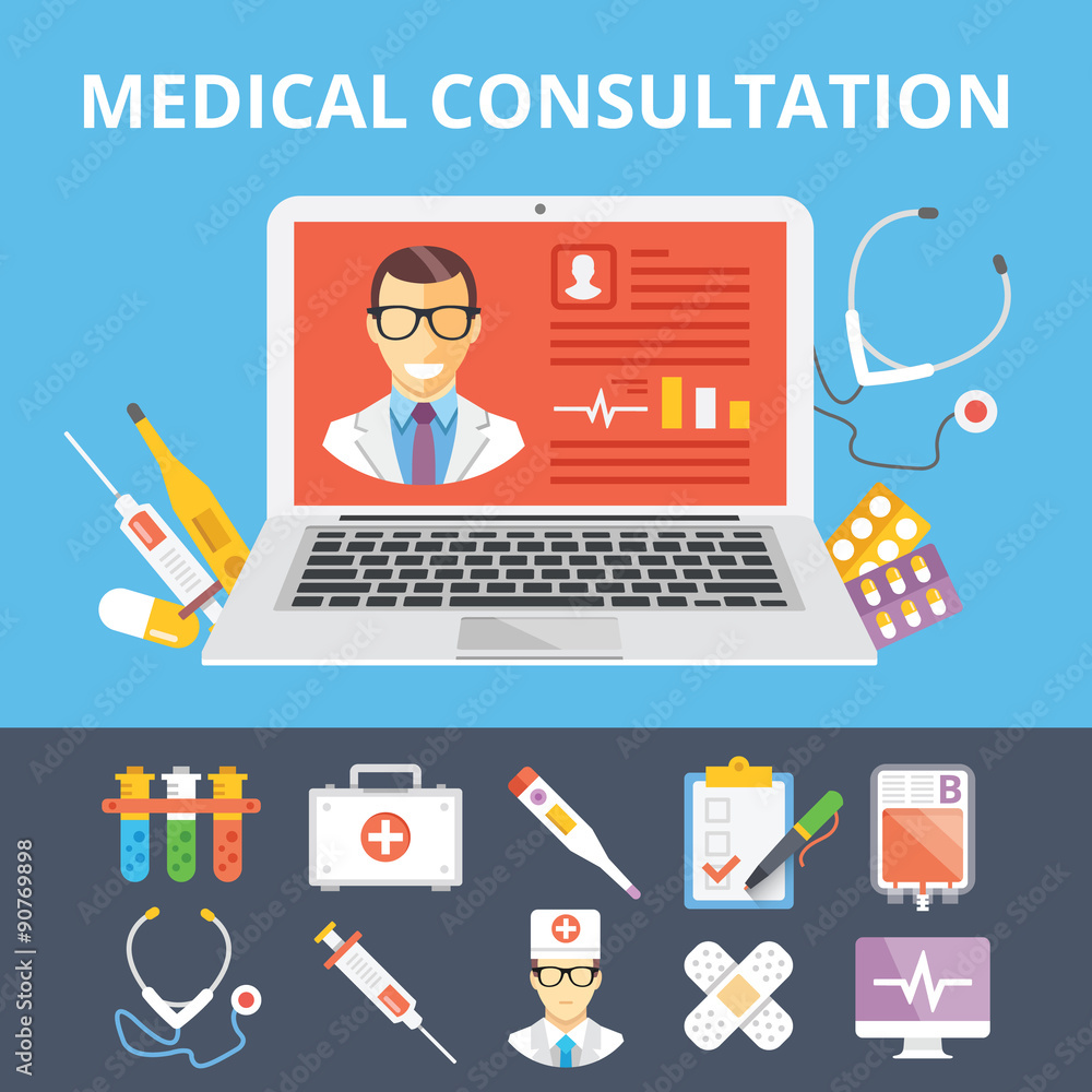 Medical consultation flat illustration and flat medical icons set