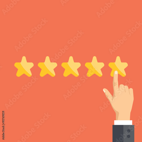 Pointing hand and five stars. Customer reviews, user feedback concept