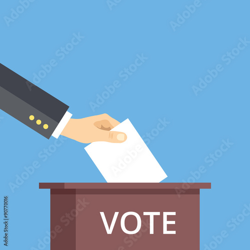 Hand put voting paper in ballot box. Voting flat concept