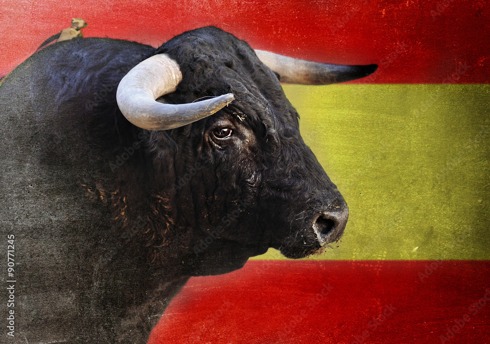 Spanish bull head with big horns looking dangerous isolated on Spain flag  Stock Photo | Adobe Stock