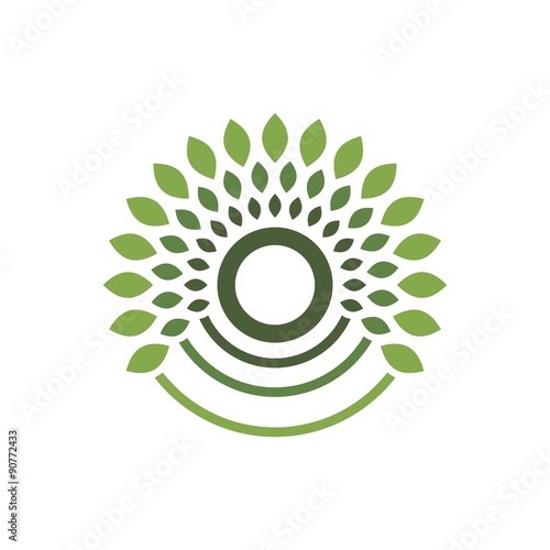 Fototapeta Naklejka Na Ścianę i Meble -  Green Circular Nature Emblem with Leaves and Wave Patterns, Symbol of Growth and Harmony