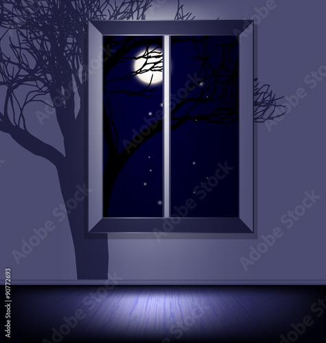 white room with window and tree