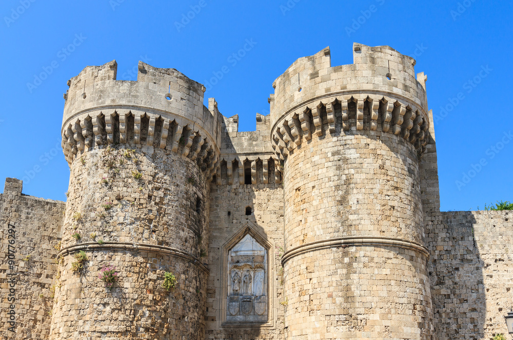 Front of the Grand Master of the Knights of Rhodes, a medieval castle of the Hospitaller Knights on the island of Rhodes, Greece.
