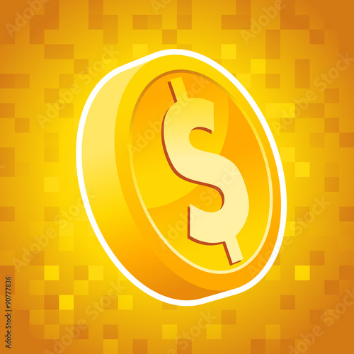 Gold dollar coin on pixel background