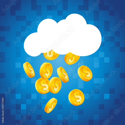 Cloud raining gold dollar coins on blue pixel background