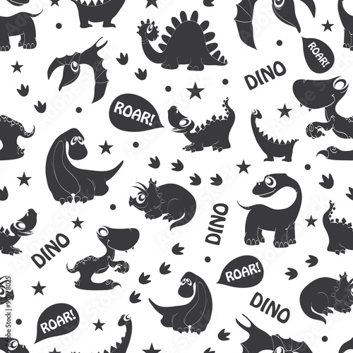Vector Black White Dinosaurs Roaring Seamless Pattern. Flying
