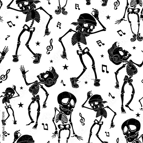 Vector Black White Dancing Skeletons Seamless Pattern. Halloween