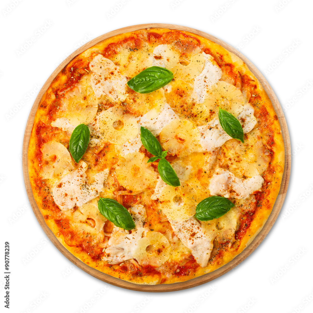 Delicious pizza with pineapple and chicken Delicious pizza with pineapple and chicken