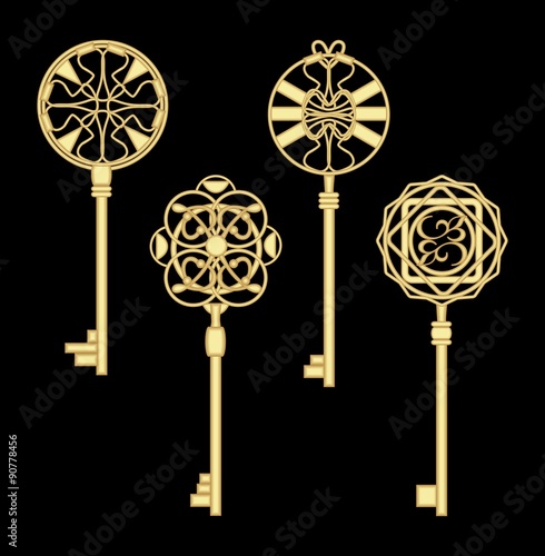 Antigue door key set in golden metallic design with historic ornamental vintage patterns.