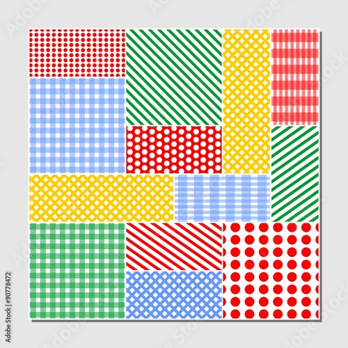 Patchwork tile combined from dotted, striped and checkered rectangle fields.