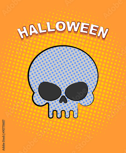 Halloween pop art. Skull on an orange background of points. Vect