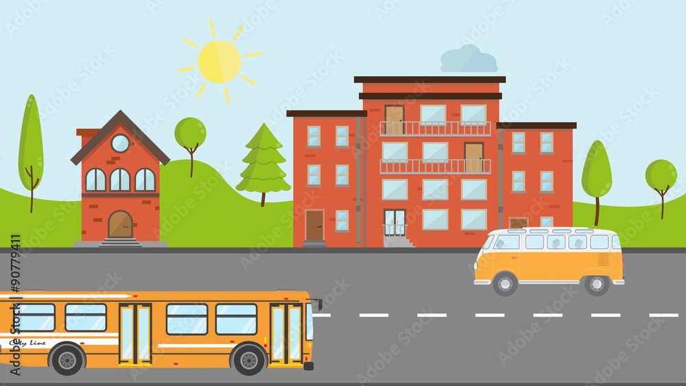 modern flat range eco bus and camper van travel through village . business public transportation animation with sun rotation and float cloud modern flat range eco bus and camper van travel through village . business public transportation animation with sun rotation and float cloud
