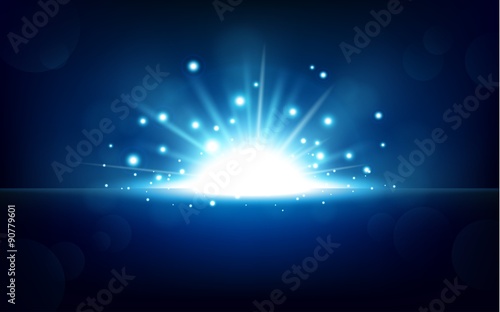 Bright Blue Light Rising From The Black Horizon, Vector Illustration