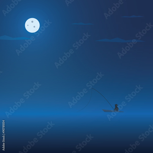 Fisherman and fishing boat at night. Dark atmosphere cartoon