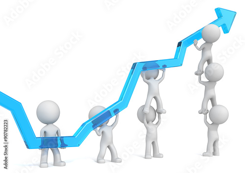 Teamwork. Dude 3D characters X7 business people pushing up Abstract Graph of Blue Glass.
